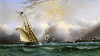 James E Buttersworth : Schooner Columbia off Portsmouth Harbor, England